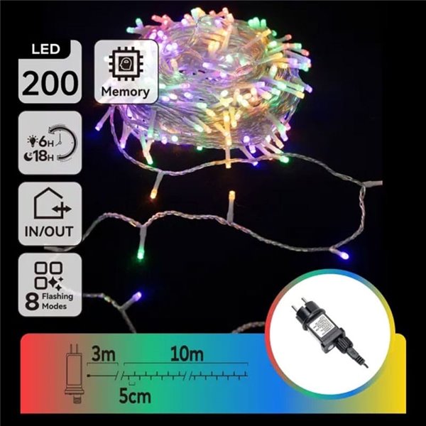 Guirnalda 200 LED de colores RGBY 10m, bajo voltaje con 8 modos, IP44