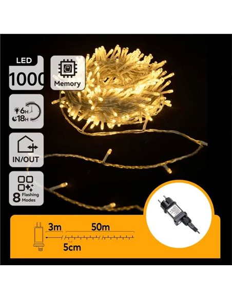 Guirnalda de 1000 luces LED 50m de bajo voltaje, blanco cálido, 8 modos, IP44