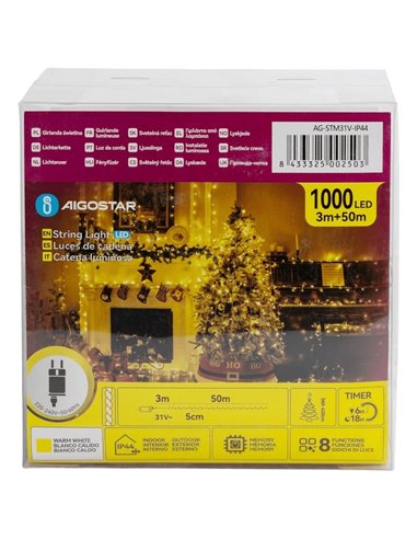 Cordão de luzes LED com 1000 LEDs, 50m, baixa voltagem, branco quente, 8 modos, IP44