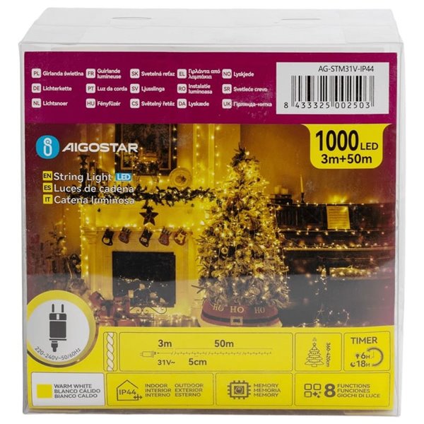 Guirnalda de 1000 luces LED 50m de bajo voltaje, blanco cálido, 8 modos, IP44