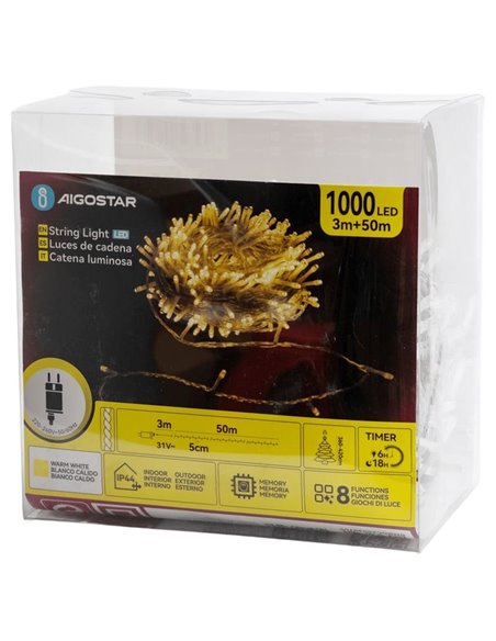Guirnalda de 1000 luces LED 50m de bajo voltaje, blanco cálido, 8 modos, IP44