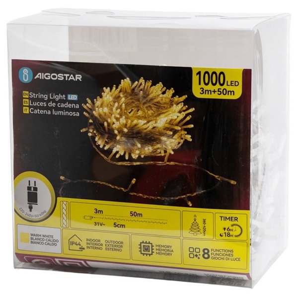 Cordão de luzes LED com 400 LEDs, baixa tensão, 20m, branco quente com 8 modos, IP44