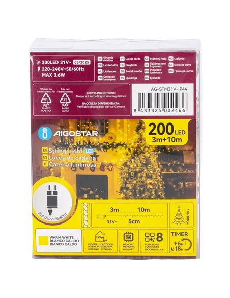 Guirnalda de 200 luces LED bajo voltaje 10m, blanco cálido, 8 modos IP44