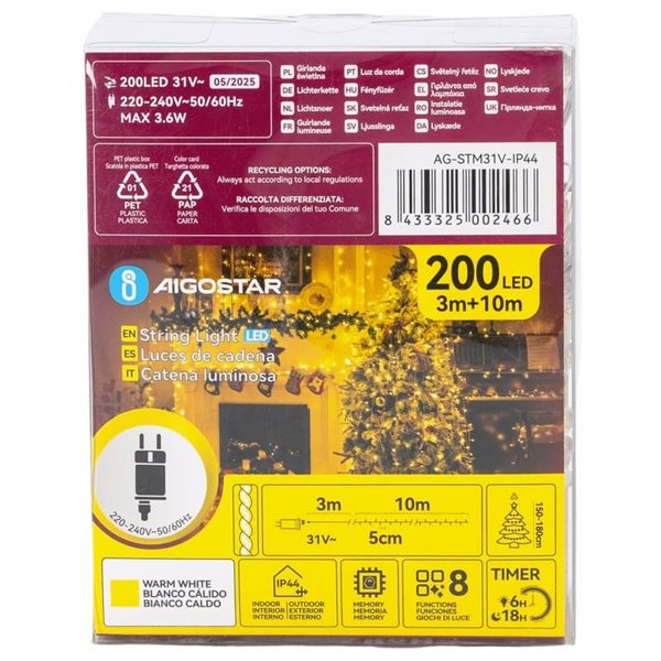 Guirnalda de 200 luces LED bajo voltaje 10m, blanco cálido, 8 modos IP44