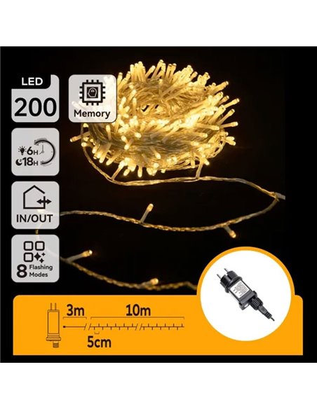 Cordão de luzes LED com 200 LEDs, baixa tensão, 10m, branco quente, 8 modos, IP44
