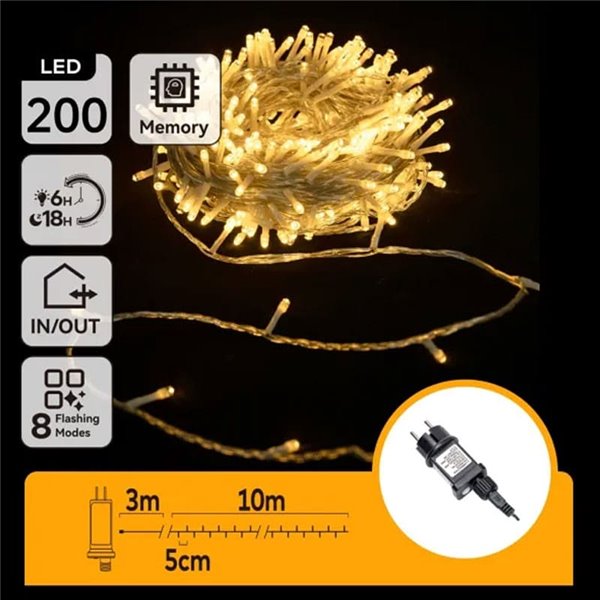 Guirnalda de 200 luces LED bajo voltaje 10m, blanco cálido, 8 modos IP44
