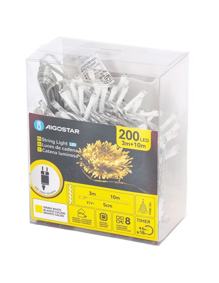 Guirlande lumineuse de 200 LED, basse tension, 10 m, blanc chaud, 8 modes, IP44