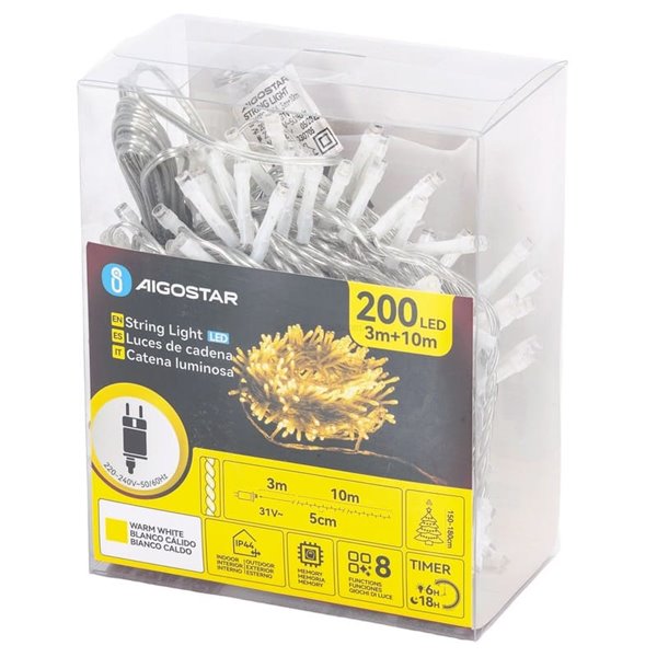 Guirnalda de 200 luces LED bajo voltaje 10m, blanco cálido, 8 modos IP44