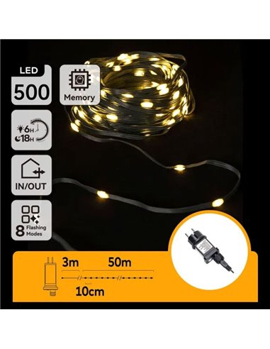 Guirnalda plana exterior de 500 luces LED de bajo voltaje 50m, blanco cálido, cable oscuro IP44