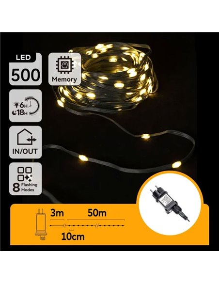 Guirnalda plana exterior de 500 luces LED de bajo voltaje 50m, blanco cálido, cable oscuro IP44