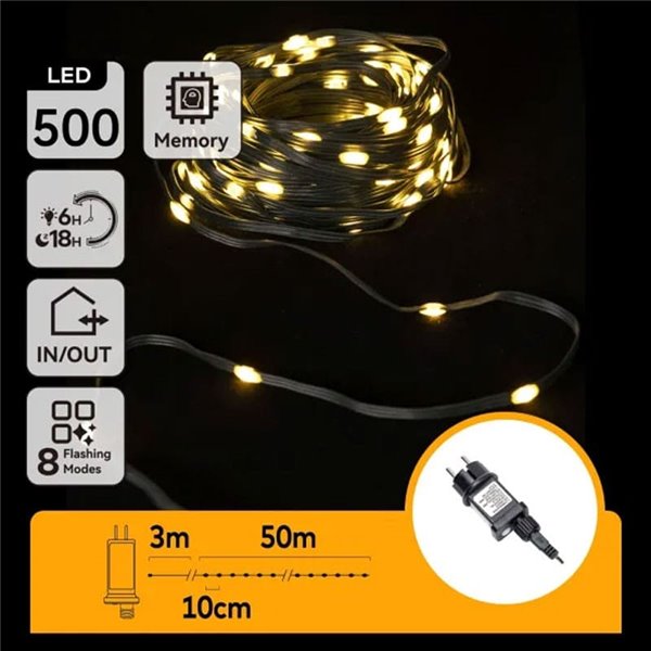 Guirnalda plana exterior de 500 luces LED de bajo voltaje 50m, blanco cálido, cable oscuro IP44