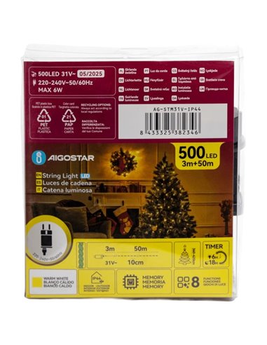 Cordão de luzes LED de baixa tensão com 500 LEDs, 50m, branco quente, cabo escuro, IP44