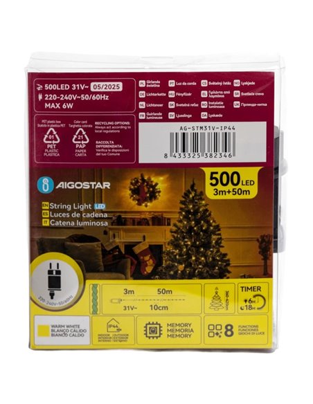 Guirnalda plana exterior de 500 luces LED de bajo voltaje 50m, blanco cálido, cable oscuro IP44