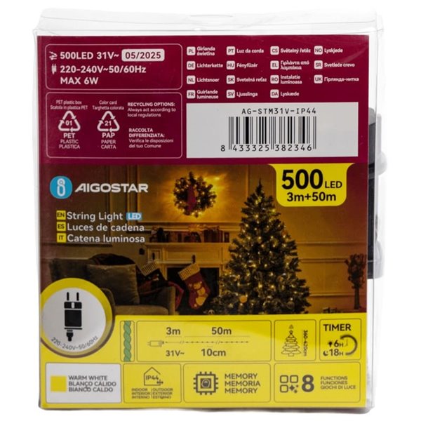 Cordão de luzes LED de baixa tensão com 500 LEDs, 50m, branco quente, cabo escuro, IP44