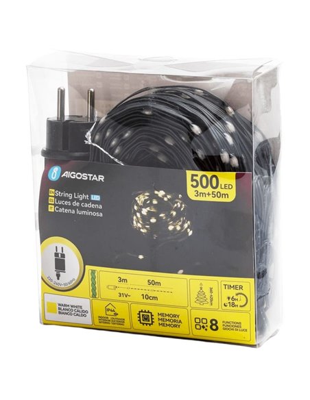 Cordão de luzes LED de baixa tensão com 500 LEDs, 50m, branco quente, cabo escuro, IP44