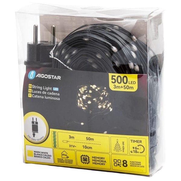 Guirnalda plana exterior de 500 luces LED de bajo voltaje 50m, blanco cálido, cable oscuro IP44