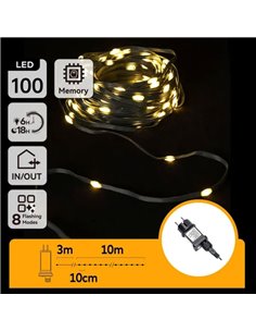 Guirnalda LED plana decorativa 100 luces 10m, blanco cálido, cable oscuro IP44