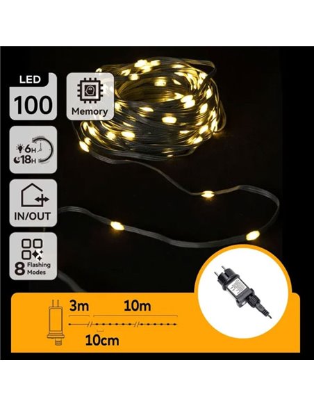 Guirnalda LED plana decorativa 100 luces 10m, blanco cálido, cable oscuro IP44