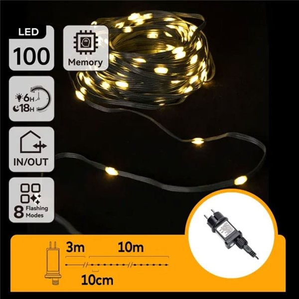 Guirnalda LED plana decorativa 100 luces 10m, blanco cálido, cable oscuro IP44