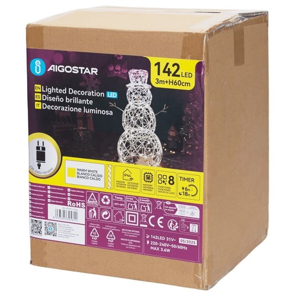 Muñeco de nieve acrílico LED de baja tensión 60cm, blanco cálido, interior y exterior IP44