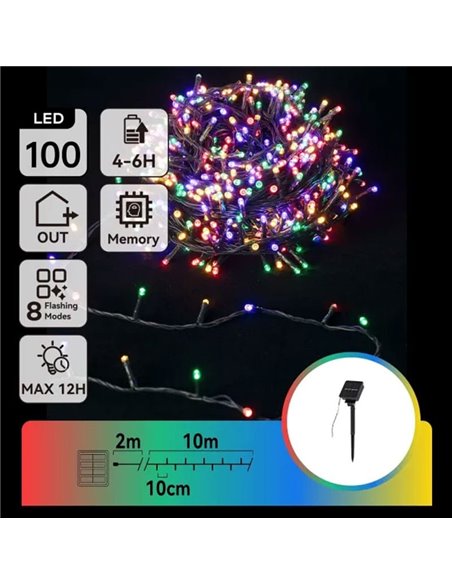 Guirnalda LED solar de 100 luces de colores RGBY 10m, 8 modos, exterior IP65