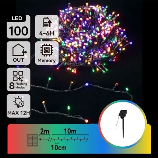Guirnalda LED solar de 100 luces de colores RGBY 10m, 8 modos, exterior IP65