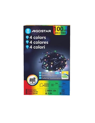 Guirnalda LED solar de 100 luces de colores RGBY 10m, 8 modos, exterior IP65
