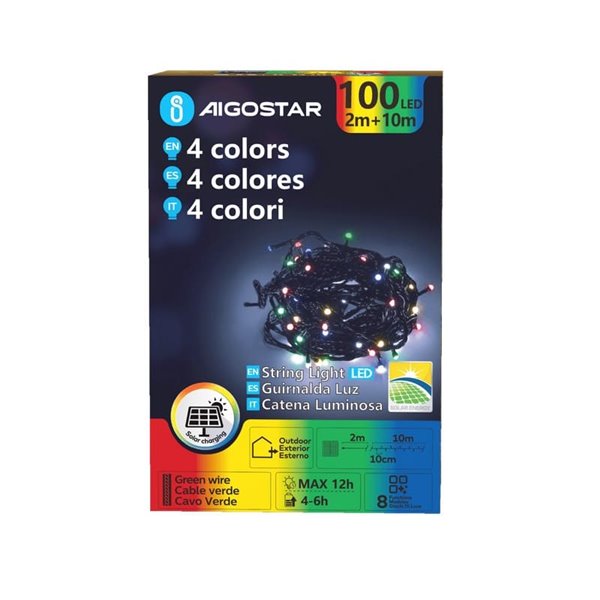 Guirnalda LED solar de 100 luces de colores RGBY 10m, 8 modos, exterior IP65