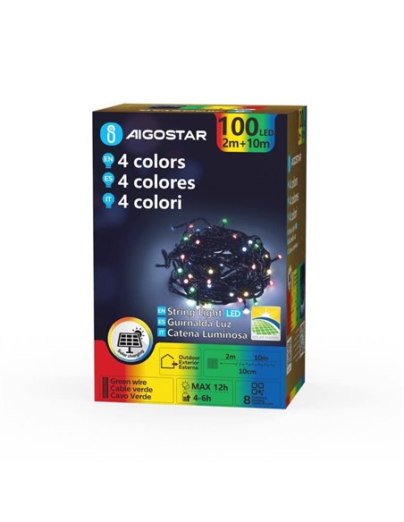 Guirnalda LED solar de 100 luces de colores RGBY 10m, 8 modos, exterior IP65