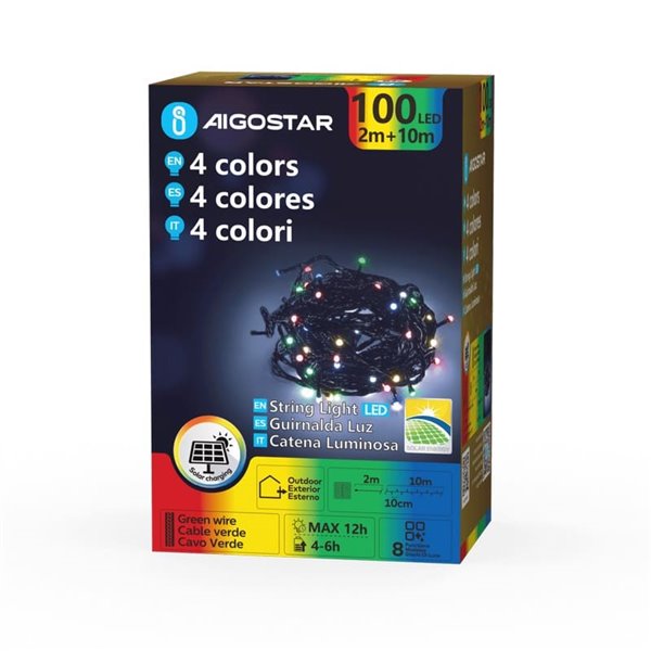 Cordão de luzes LED solares RGBY com 100 cores, 10 m, 8 modos, IP65 para uso externo.