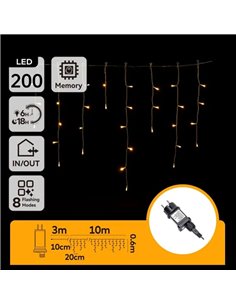 Cortina de 200 luces LED planas carámbano (onda) bajo voltaje 10m, blanco cálido, 8 modos, IP44