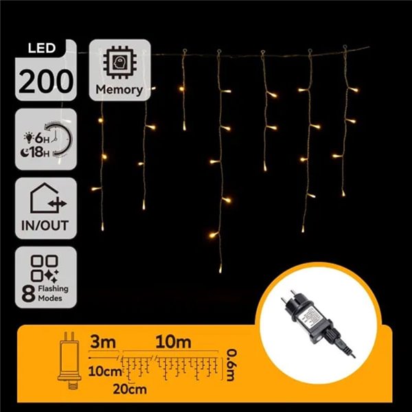 Cortina de 200 luces LED planas carámbano (onda) bajo voltaje 10m, blanco cálido, 8 modos, IP44