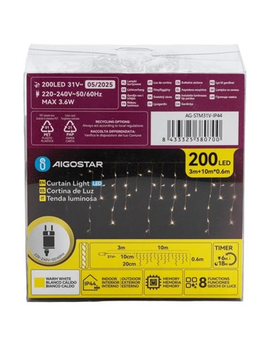Cortina de 200 luces LED planas carámbano (onda) bajo voltaje 10m, blanco cálido, 8 modos, IP44