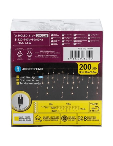 Cortina de 200 luces LED planas carámbano (onda) bajo voltaje 10m, blanco cálido, 8 modos, IP44