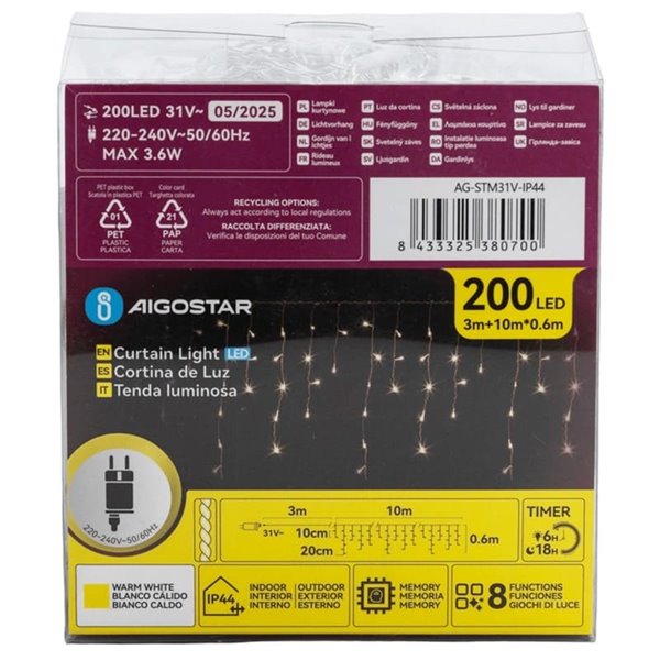 Cortina de 200 luzes LED planas em formato de gelo (onda), baixa tensão, 10m, branco quente, 8 modos, IP44