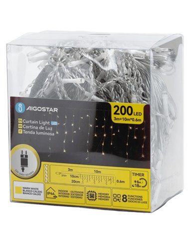 Cortina de 200 luces LED planas carámbano (onda) bajo voltaje 10m, blanco cálido, 8 modos, IP44