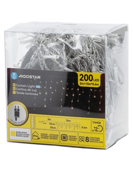 Cortina de 200 luces LED planas carámbano (onda) bajo voltaje 10m, blanco cálido, 8 modos, IP44
