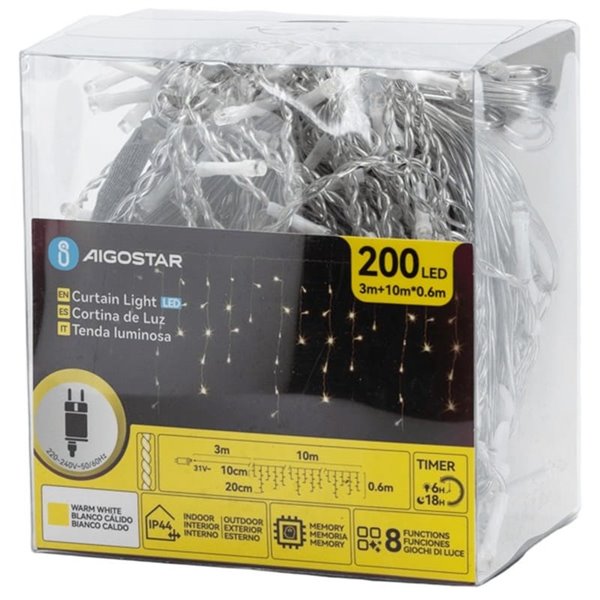 Cortina de 200 luzes LED planas em formato de gelo (onda), baixa tensão, 10m, branco quente, 8 modos, IP44