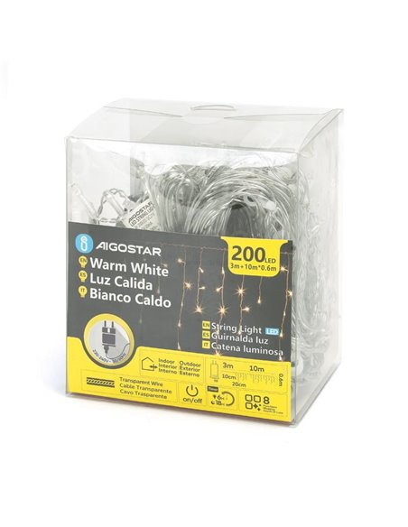 Cortina de 200 luces LED planas carámbano (onda) bajo voltaje 10m, blanco cálido, 8 modos, IP44