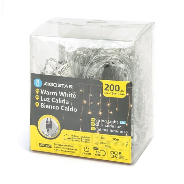 Cortina de 200 luzes LED planas em formato de gelo (onda), baixa tensão, 10m, branco quente, 8 modos, IP44