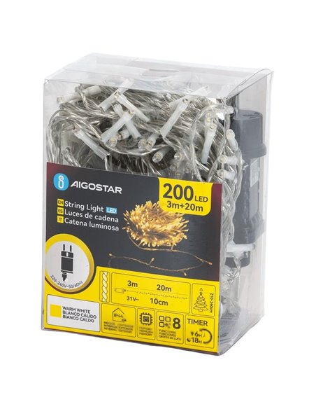 Guirnalda de 200 luces LED bajo voltaje 20m, blanco cálido, 8 func+mem+temp, IP44