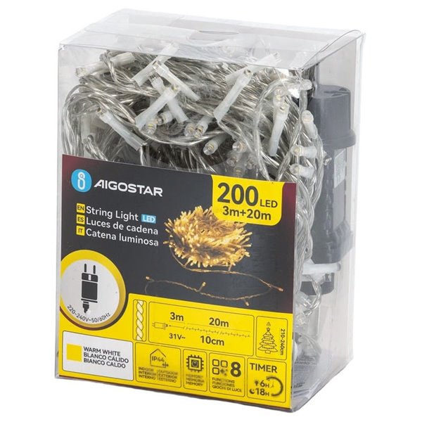 Guirnalda de 200 luces LED bajo voltaje 20m, blanco cálido, 8 func+mem+temp, IP44
