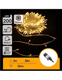Guirnalda de 200 luces LED bajo voltaje 20m, blanco cálido, 8 func+mem+temp, IP44