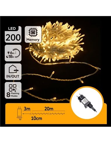 Guirnalda de 200 luces LED bajo voltaje 20m, blanco cálido, 8 func+mem+temp, IP44