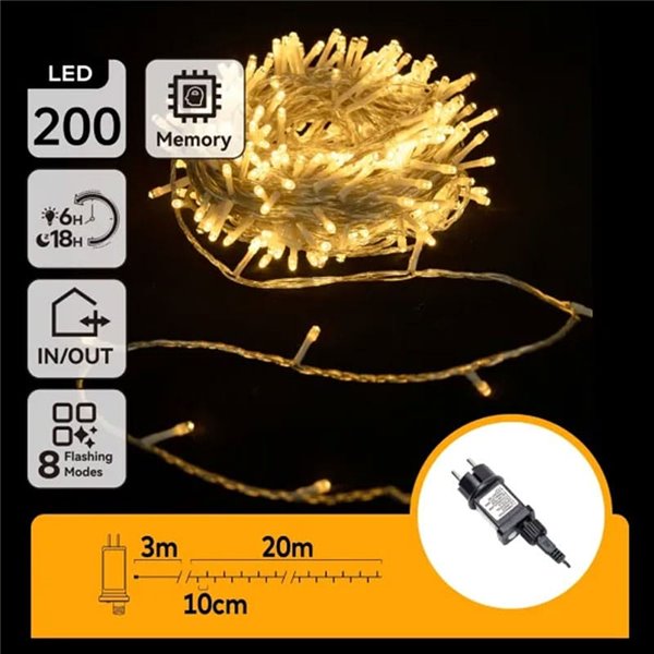 Guirnalda de 200 luces LED bajo voltaje 20m, blanco cálido, 8 func+mem+temp, IP44