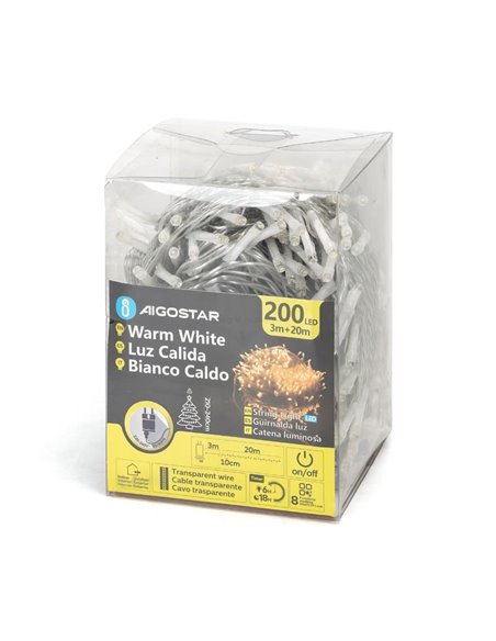 Guirnalda de 200 luces LED bajo voltaje 20m, blanco cálido, 8 func+mem+temp, IP44