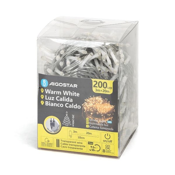 Guirnalda de 200 luces LED bajo voltaje 20m, blanco cálido, 8 func+mem+temp, IP44