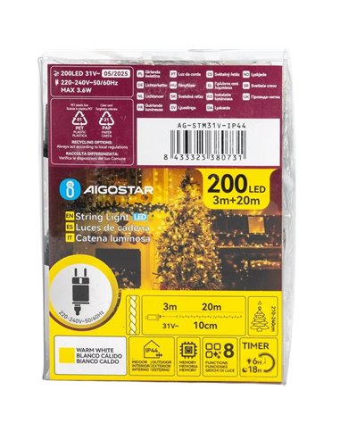 Guirnalda de 200 luces LED bajo voltaje 20m, blanco cálido, 8 func+mem+temp, IP44