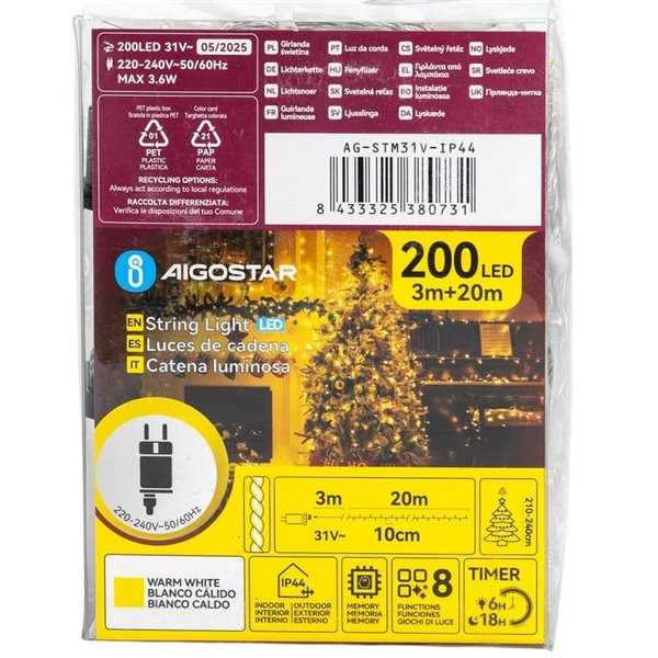 Guirnalda de 200 luces LED bajo voltaje 20m, blanco cálido, 8 func+mem+temp, IP44