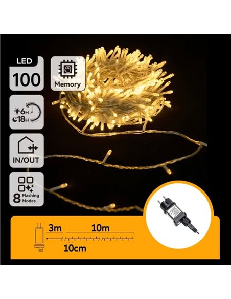 Guirlande lumineuse de 100 LED, basse tension, 10 m, blanc chaud, 8 fonctions + mémoire + température, IP44
